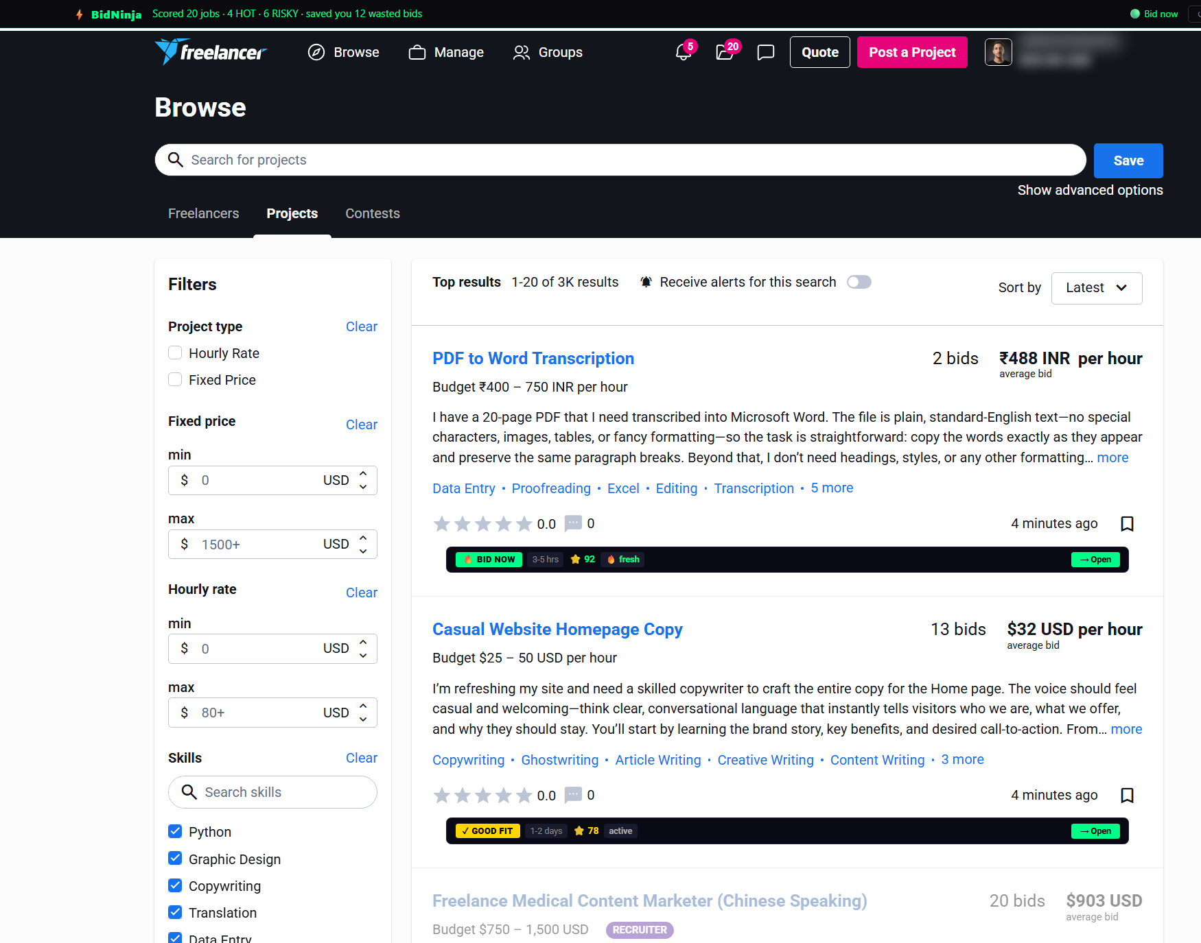 BidNinja scoring jobs on Freelancer.com — HOT, GOOD FIT, RISKY, SKIP